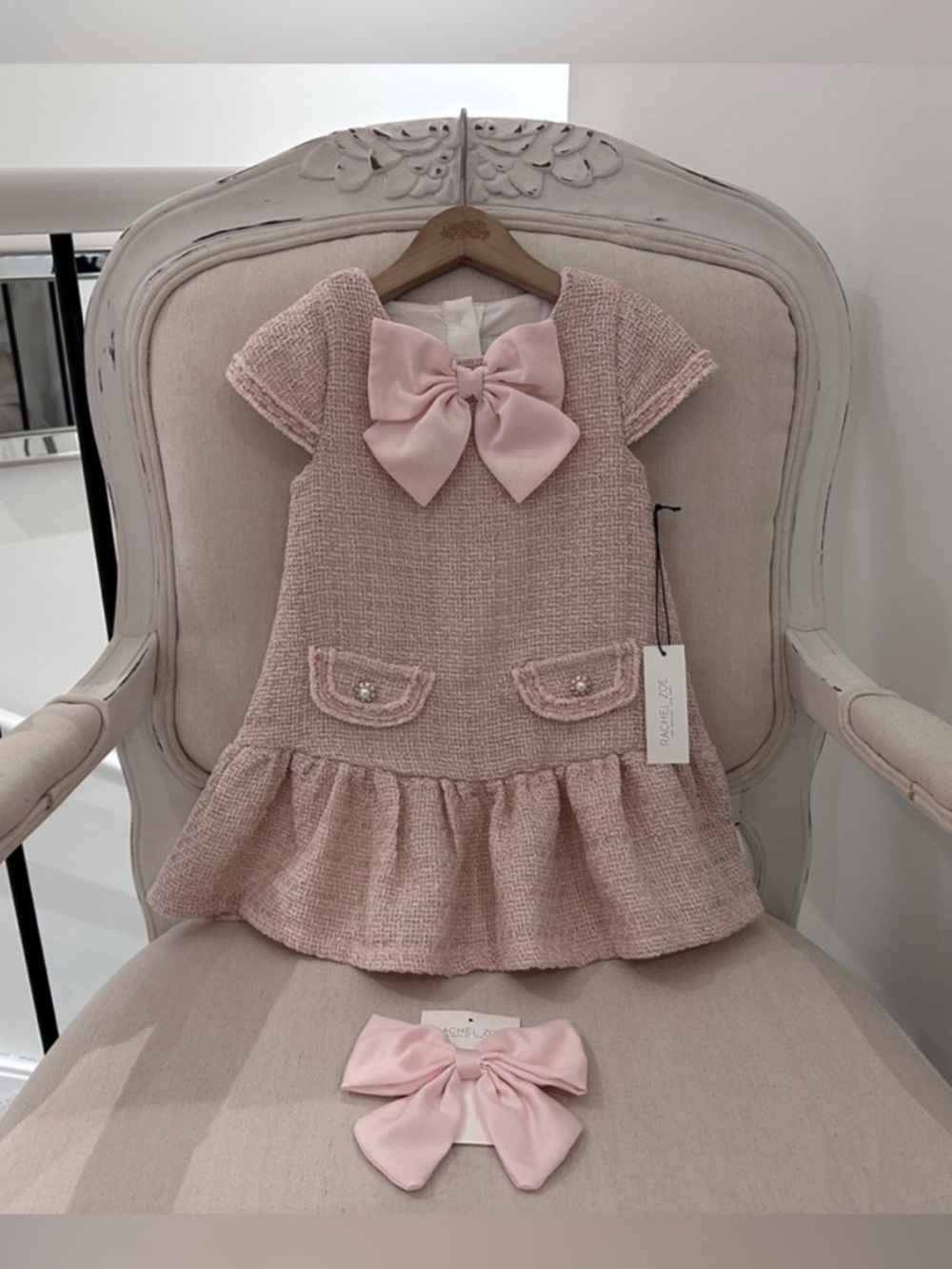 3T Dusty Rose & Pink Tweed Dress with Bow & Hair Accessory NWT